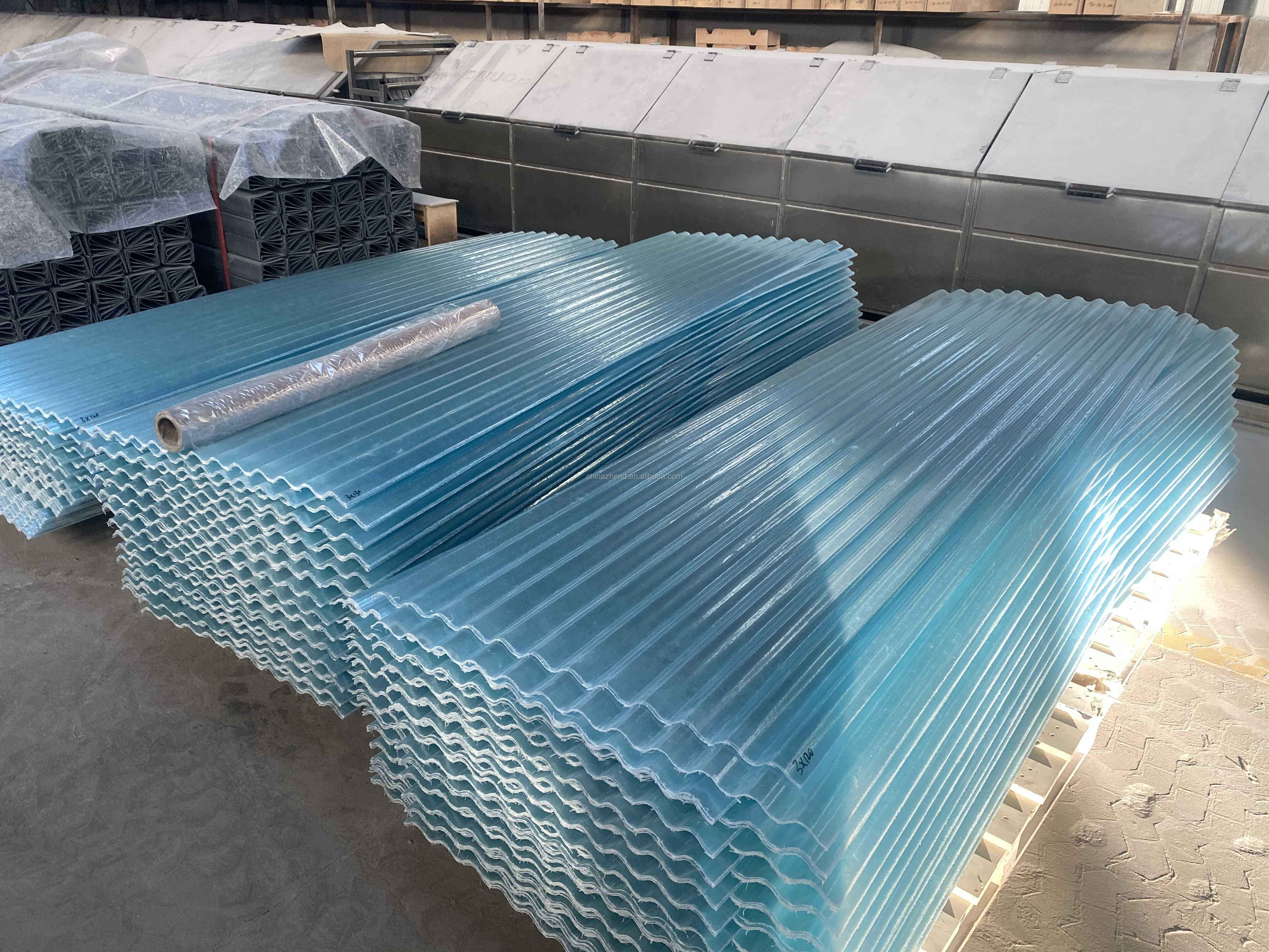 Flat translucent FRP panel sheets in workshop