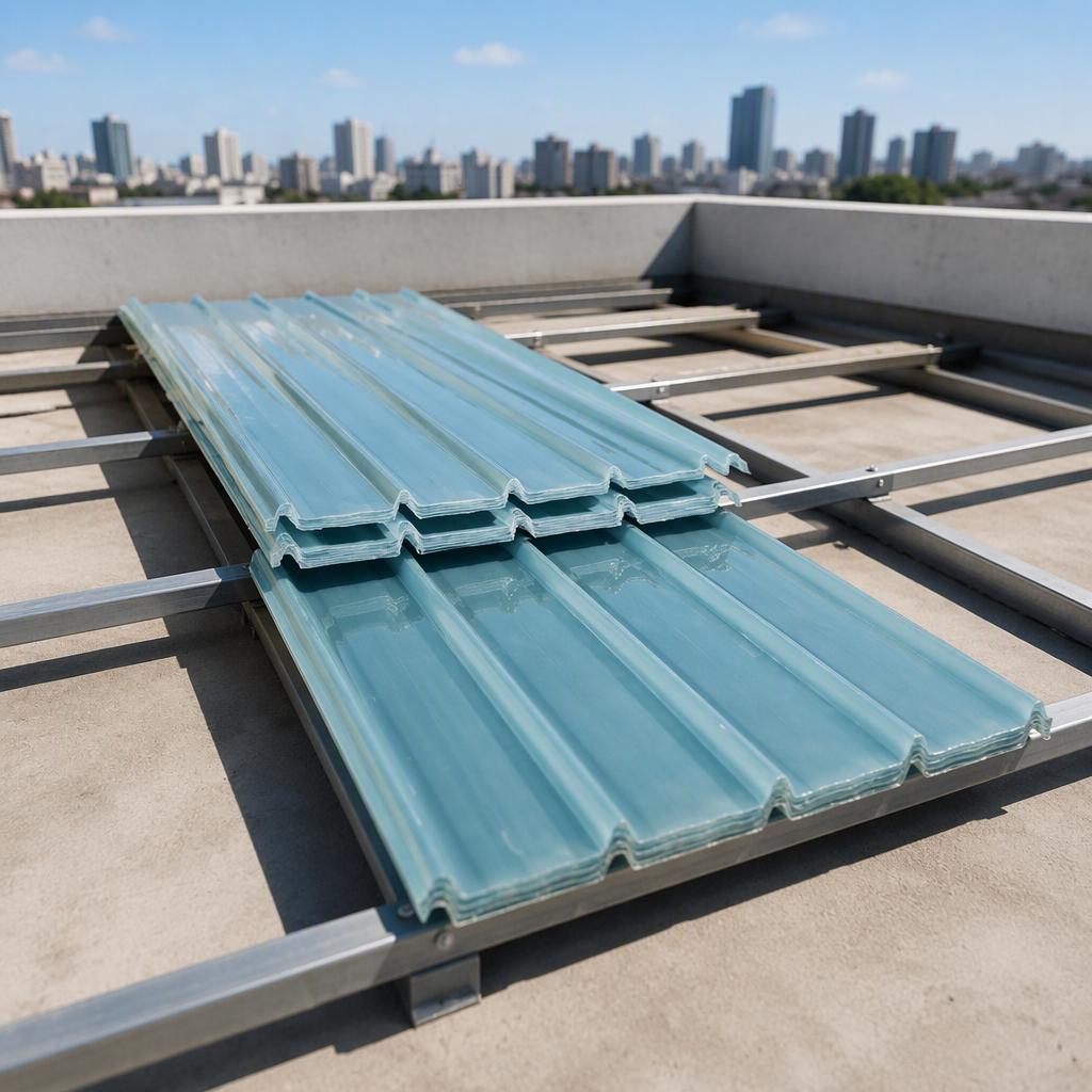 Trapezoidal FRP translucent roof sheet on platform